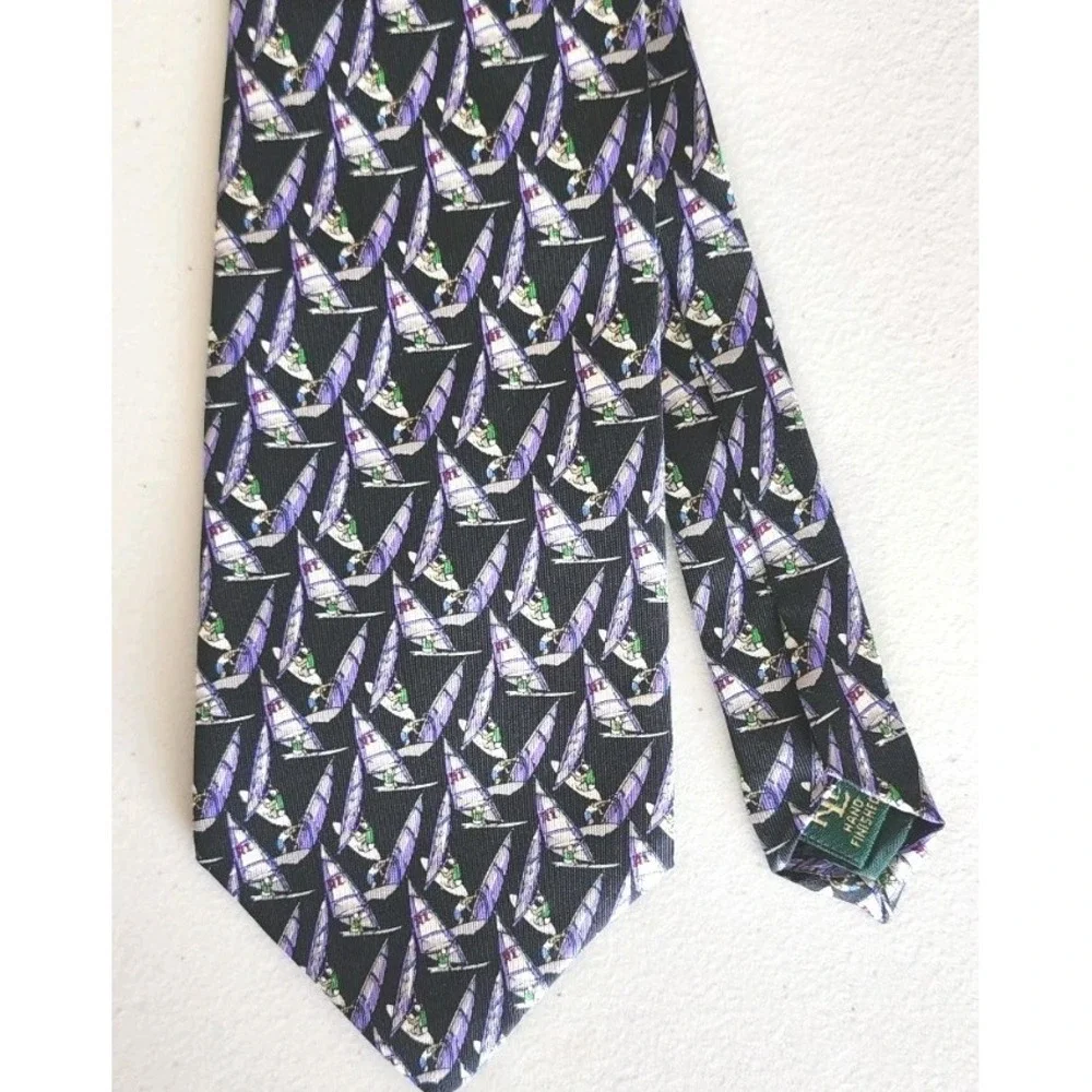 Lauren Ralph Lauren Mens Tie Purple‎ Black Sailboats Silk Hand Finished Preppy